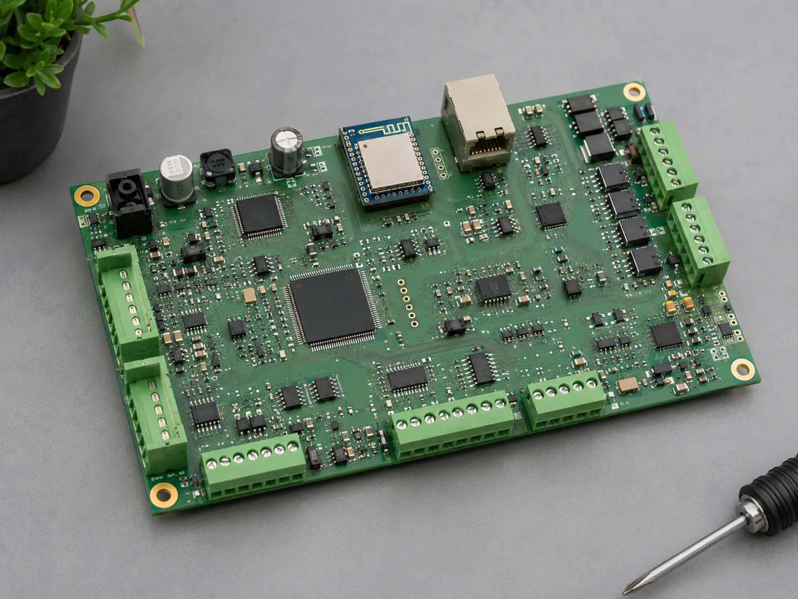 Close-up of a circuit board with screw terminals and a network socket